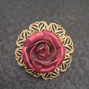 Elegant Gold and Red Rose Brooch
